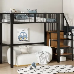 Lit Mezzanine 90x200 cm - Lit enfant avec Rangement, Étagères et Armoire Intégrée, Métal Noir, Échelle Sécurisée, Sans Matelas