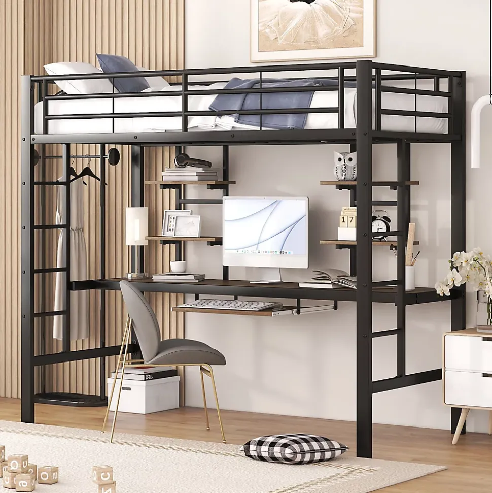 Lit Mezzanine 90x200 cm - Lit enfant avec Bureau et 2 Étagères - Métal + MDF - Sans Matelas - Noir