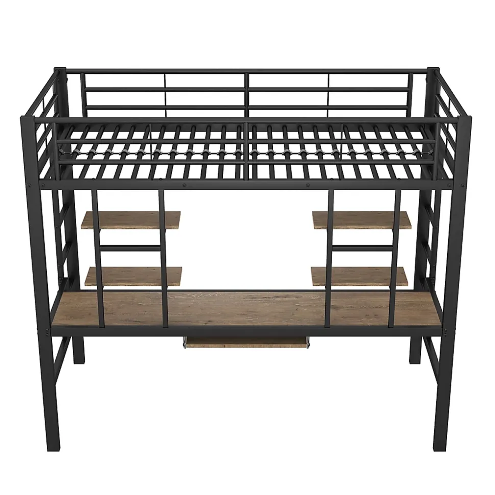 Lit Mezzanine 90x200 cm - Lit enfant avec Bureau et 2 Étagères - Métal + MDF - Sans Matelas - Noir