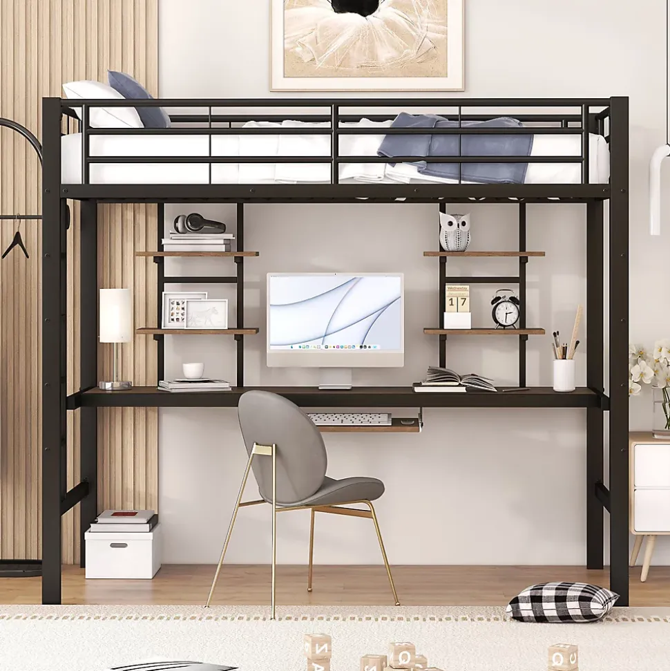 Lit Mezzanine 90x200 cm - Lit enfant avec Bureau et 2 Étagères - Métal + MDF - Sans Matelas - Noir