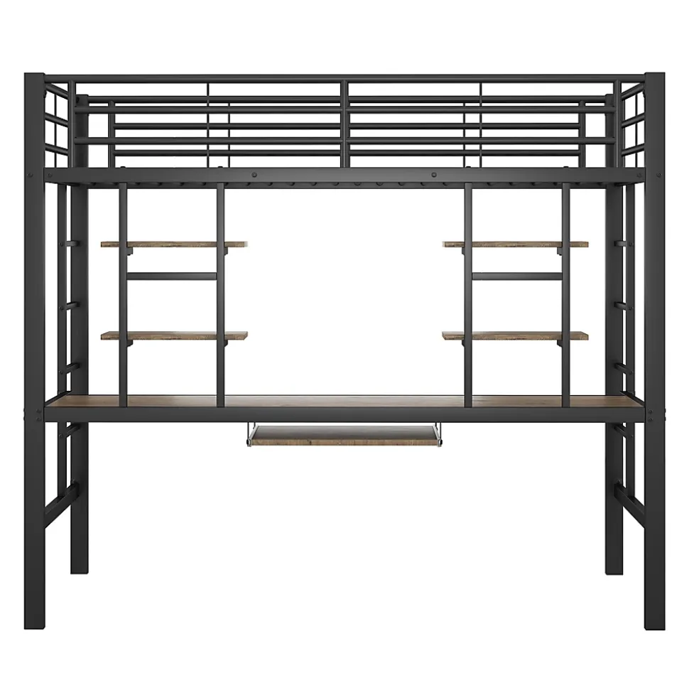 Lit Mezzanine 90x200 cm - Lit enfant avec Bureau et 2 Étagères - Métal + MDF - Sans Matelas - Noir