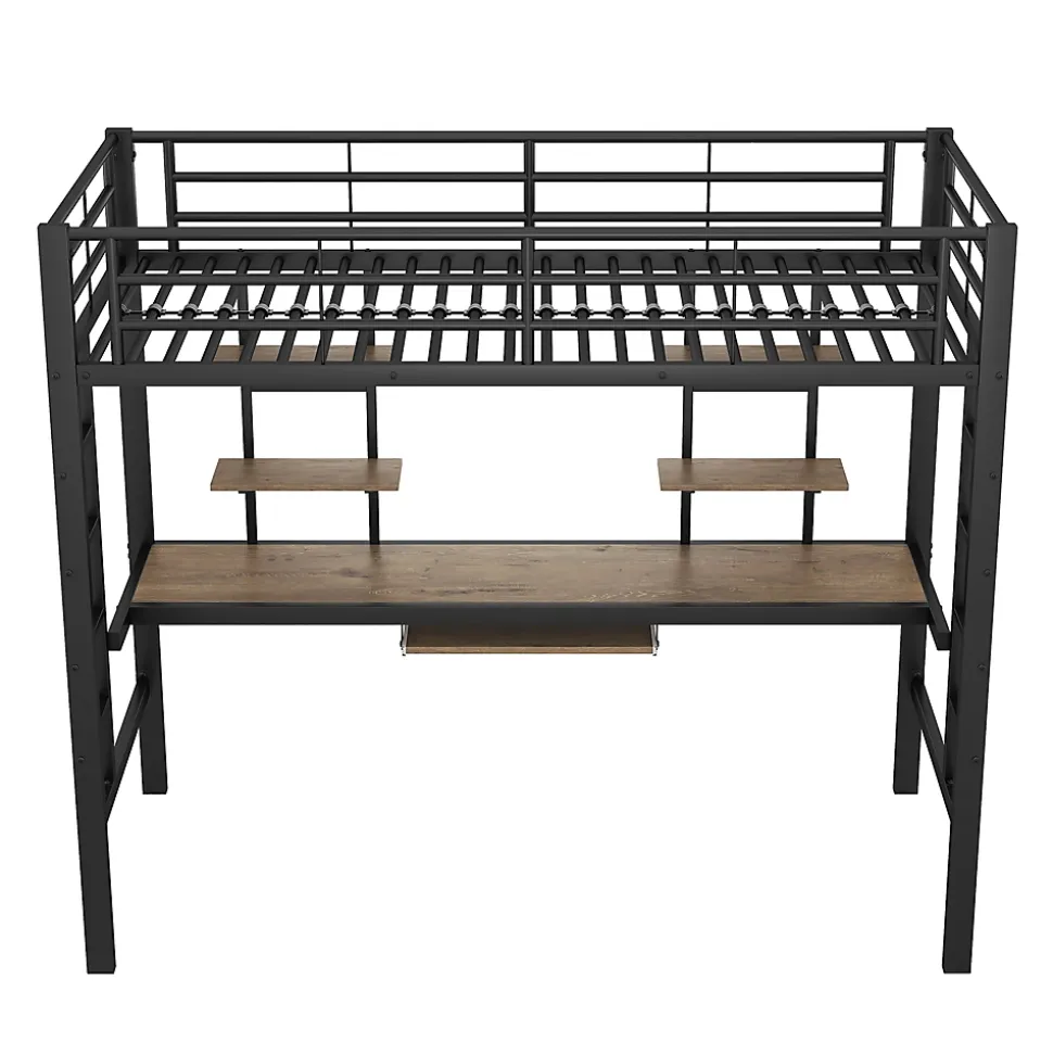 Lit Mezzanine 90x200 cm - Lit enfant avec Bureau et 2 Étagères - Métal + MDF - Sans Matelas - Noir