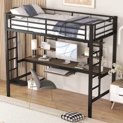 Lit Mezzanine 90x200 cm - Lit enfant avec Bureau et 2 Étagères - Métal + MDF - Sans Matelas - Noir