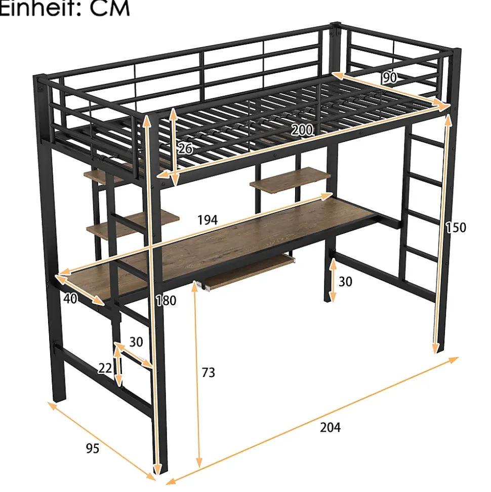 Lit Mezzanine 90x200 cm - Lit enfant avec Bureau et 2 Étagères - Métal + MDF - Sans Matelas - Noir