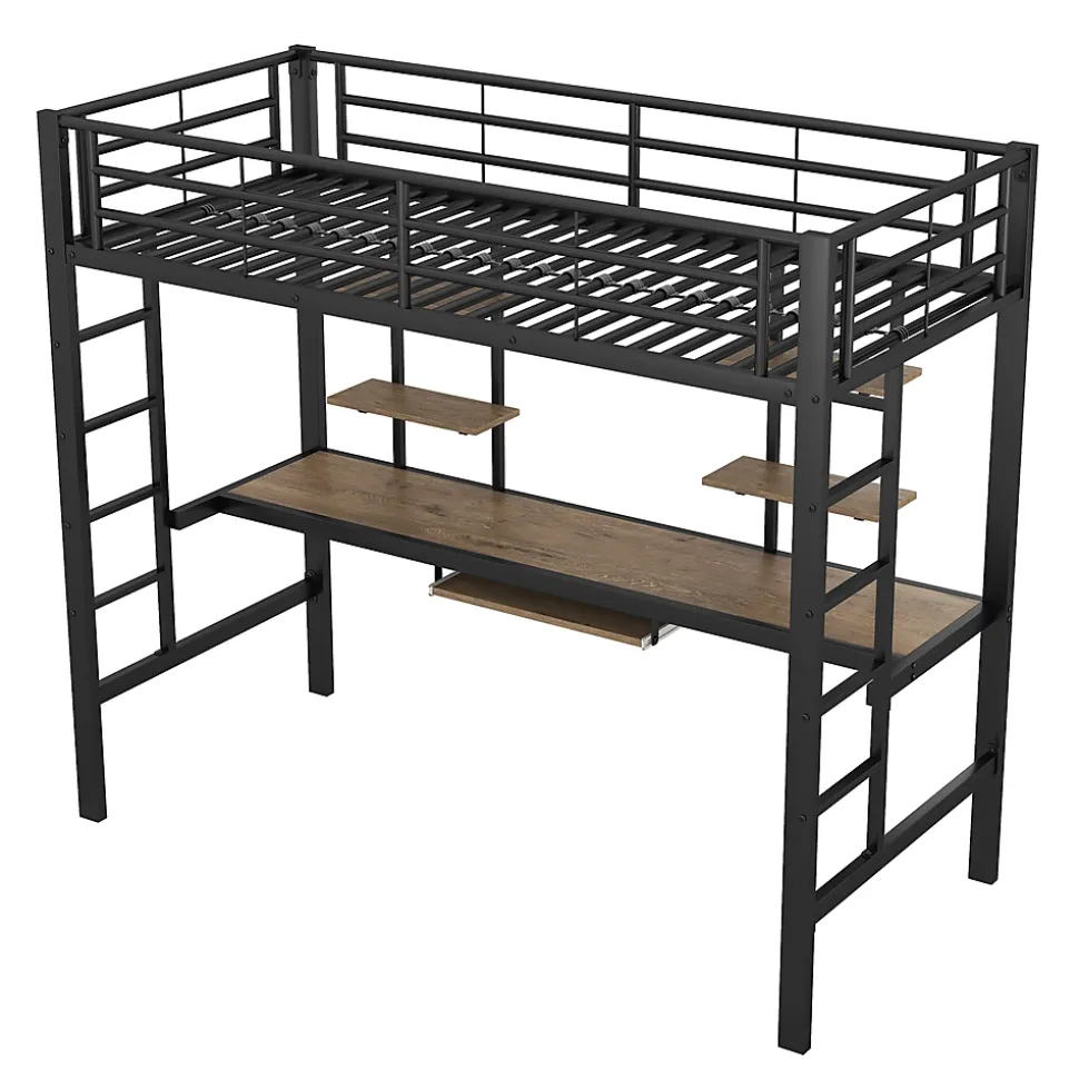 Lit Mezzanine 90x200 cm - Lit enfant avec Bureau et 2 Étagères - Métal + MDF - Sans Matelas - Noir