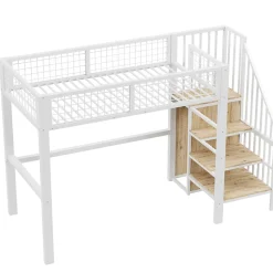 Lit Mezzanine 90x200 cm - Lit enfant avec Rangement, Armoire Intégrée, Étagères et Échelle Sécurisée, Métal Blanc