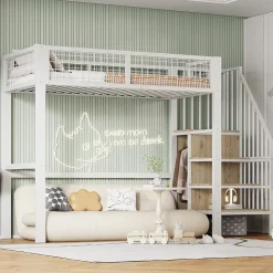 Lit Mezzanine 90x200 cm - Lit enfant avec Rangement, Armoire Intégrée, Étagères et Échelle Sécurisée, Métal Blanc