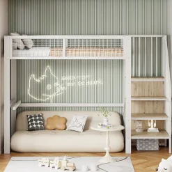 Lit Mezzanine 90x200 cm - Lit enfant avec Rangement, Armoire Intégrée, Étagères et Échelle Sécurisée, Métal Blanc