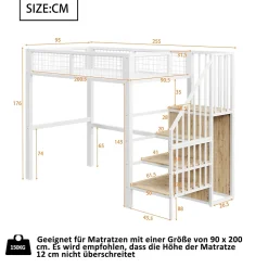 Lit Mezzanine 90x200 cm - Lit enfant avec Rangement, Armoire Intégrée, Étagères et Échelle Sécurisée, Métal Blanc