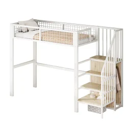 Lit Mezzanine 90x200 cm - Lit enfant avec Rangement, Armoire Intégrée, Étagères et Échelle Sécurisée, Métal Blanc
