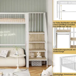 Lit Mezzanine 90x200 cm - Lit enfant avec Rangement, Armoire Intégrée, Étagères et Échelle Sécurisée, Métal Blanc