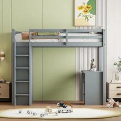Lit Mezzanine 90x200 cm - Lit enfant avec Bureau et Rangement, Lit Combiné en Bois de Pin Gris, Sans Matelas