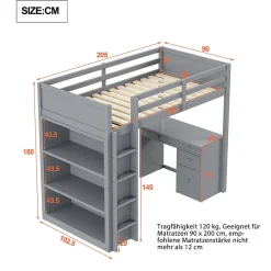 Lit Mezzanine 90x200 cm - Lit enfant avec Bureau et Rangement, Lit Combiné en Bois de Pin Gris, Sans Matelas