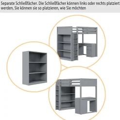 Lit Mezzanine 90x200 cm - Lit enfant avec Bureau et Rangement, Lit Combiné en Bois de Pin Gris, Sans Matelas