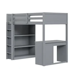 Lit Mezzanine 90x200 cm - Lit enfant avec Bureau et Rangement, Lit Combiné en Bois de Pin Gris, Sans Matelas