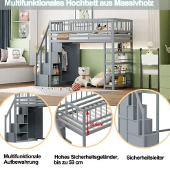 Lit Mezzanine 90x200 cm - Lit enfant avec Garde-Corps Sécurisé et Armoire Intégrée - Étagères Pratiques - Bois Massif - Gris