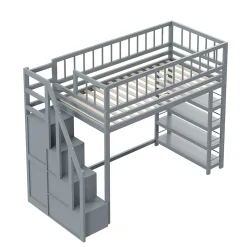 Lit Mezzanine 90x200 cm - Lit enfant avec Garde-Corps Sécurisé et Armoire Intégrée - Étagères Pratiques - Bois Massif - Gris