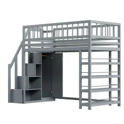 Lit Mezzanine 90x200 cm - Lit enfant avec Garde-Corps Sécurisé et Armoire Intégrée - Étagères Pratiques - Bois Massif - Gris