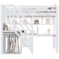 Lit Mezzanine 90x200 cm - Lit Enfant avec Escalier et Rangement, Bureau Intégré avec LED et USB - Sans Matelas - Bois Blanc