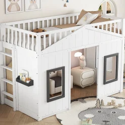 Lit Mezzanine 90x200 cm - Lit Mezzanine enfant avec Échelle, Protection Anti-Chute et Fenêtres, Design Bois, Blanc - Sans Matelas