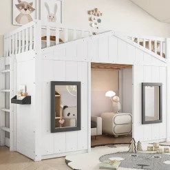 Lit Mezzanine 90x200 cm - Lit Mezzanine enfant avec Échelle, Protection Anti-Chute et Fenêtres, Design Bois, Blanc - Sans Matelas