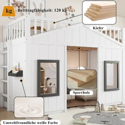 Lit Mezzanine 90x200 cm - Lit Mezzanine enfant avec Échelle, Protection Anti-Chute et Fenêtres, Design Bois, Blanc - Sans Matelas