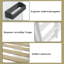 Lit Mezzanine 90x200 cm - Lit Mezzanine enfant avec Échelle, Protection Anti-Chute et Fenêtres, Design Bois, Blanc - Sans Matelas