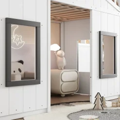 Lit Mezzanine 90x200 cm - Lit Mezzanine enfant avec Échelle, Protection Anti-Chute et Fenêtres, Design Bois, Blanc - Sans Matelas