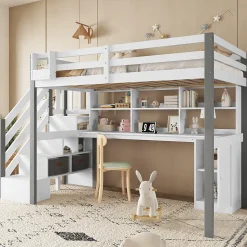 Lit Mezzanine 90x200 cm - Lit Mezzanine Ado avec Bureau, Rangement et Étagères, Pin et MDF, Blanc et Gris, Sans Matelas