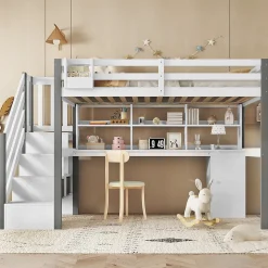 Lit Mezzanine 90x200 cm - Lit Mezzanine Ado avec Bureau, Rangement et Étagères, Pin et MDF, Blanc et Gris, Sans Matelas