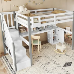 Lit Mezzanine 90x200 cm - Lit Mezzanine Ado avec Bureau, Rangement et Étagères, Pin et MDF, Blanc et Gris, Sans Matelas