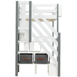 Lit Mezzanine 90x200 cm - Lit Mezzanine Ado avec Bureau, Rangement et Étagères, Pin et MDF, Blanc et Gris, Sans Matelas