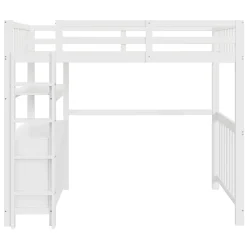 Lit Mezzanine 90x200 cm - Lit Simple avec Bureau et 6 Tiroirs, Étagères de Rangement, Bois de Pin et MDF, Blanc - Sans Matelas