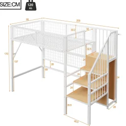 Lit mezzanine 90x200 cm - Lit simple déco avec éclairage LED et rangement sous lit - Armoire ouverte en MDF et métal - Blanc