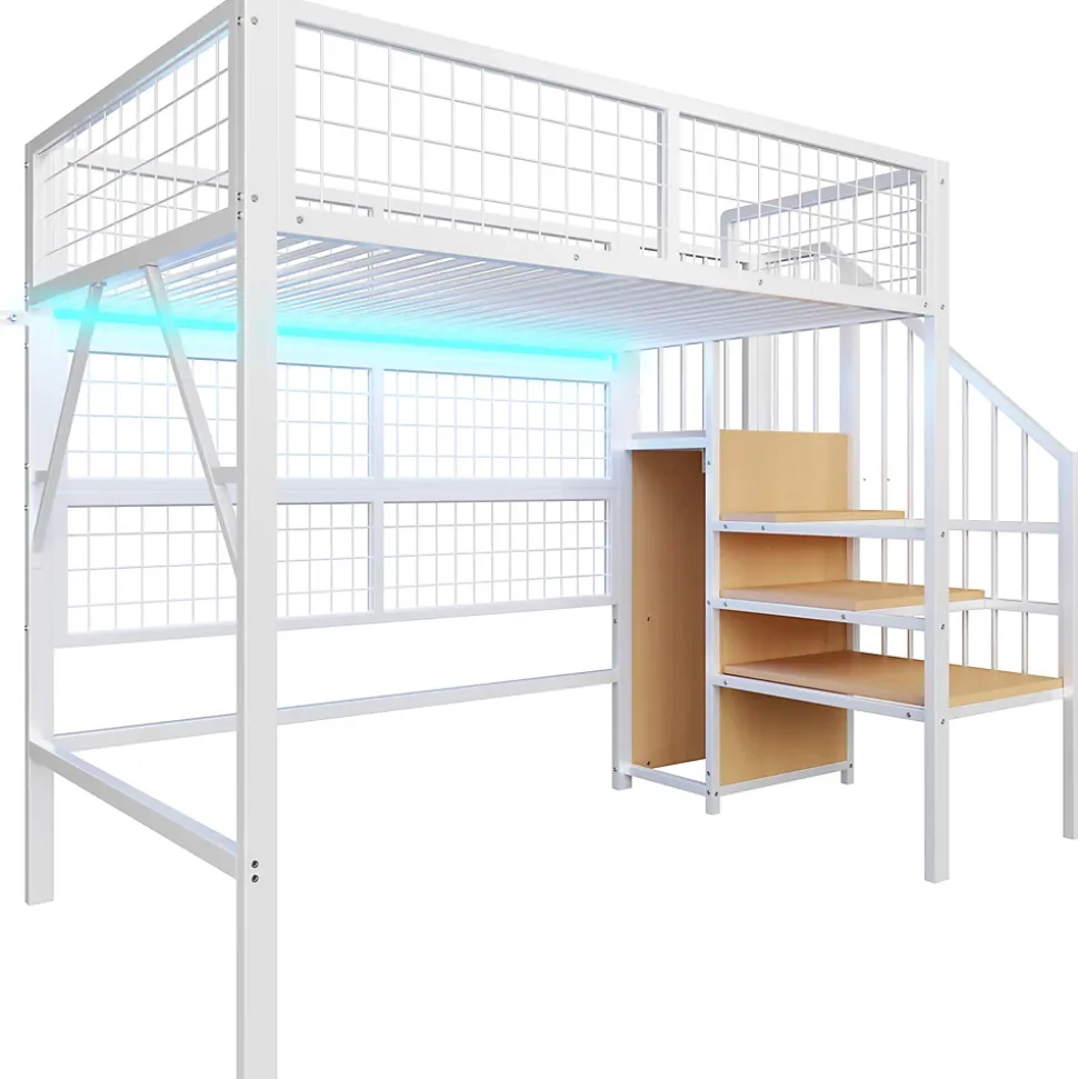 Lit mezzanine 90x200 cm - Lit simple déco avec éclairage LED et rangement sous lit - Armoire ouverte en MDF et métal - Blanc