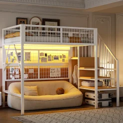 Lit mezzanine 90x200 cm - Lit simple déco avec éclairage LED et rangement sous lit - Armoire ouverte en MDF et métal - Blanc