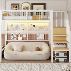 Lit mezzanine 90x200 cm - Lit simple déco avec éclairage LED et rangement sous lit - Armoire ouverte en MDF et métal - Blanc