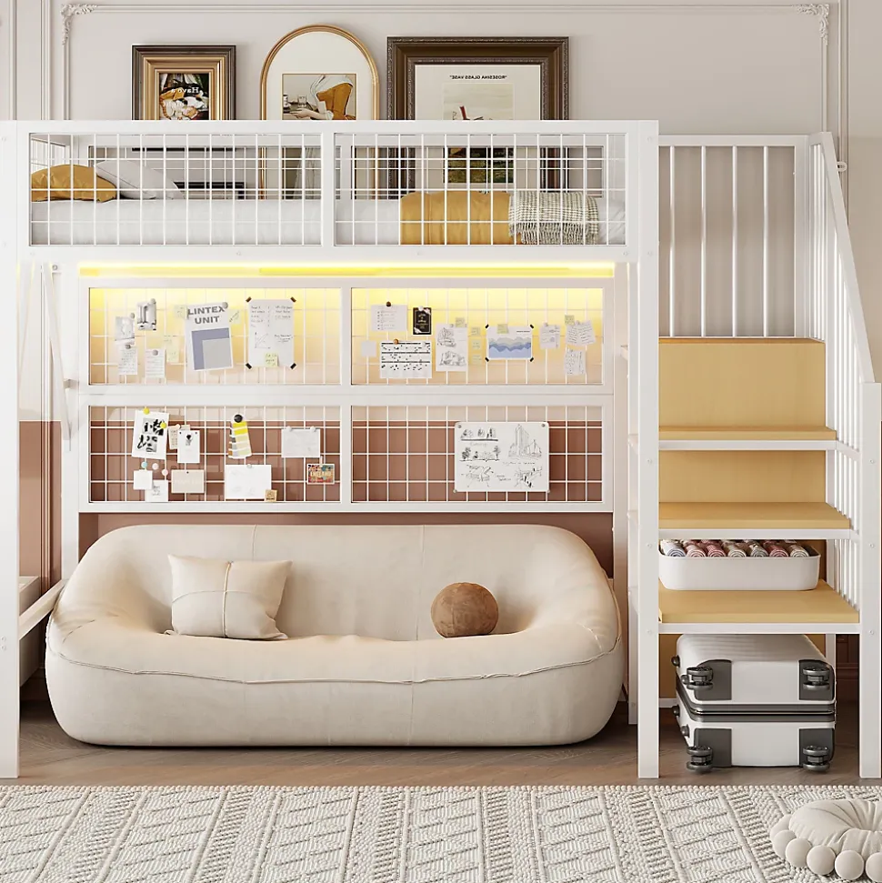 Lit mezzanine 90x200 cm - Lit simple déco avec éclairage LED et rangement sous lit - Armoire ouverte en MDF et métal - Blanc