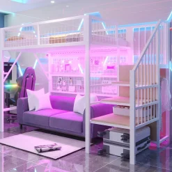 Lit mezzanine 90x200 cm - Lit simple déco avec éclairage LED et rangement sous lit - Armoire ouverte en MDF et métal - Blanc