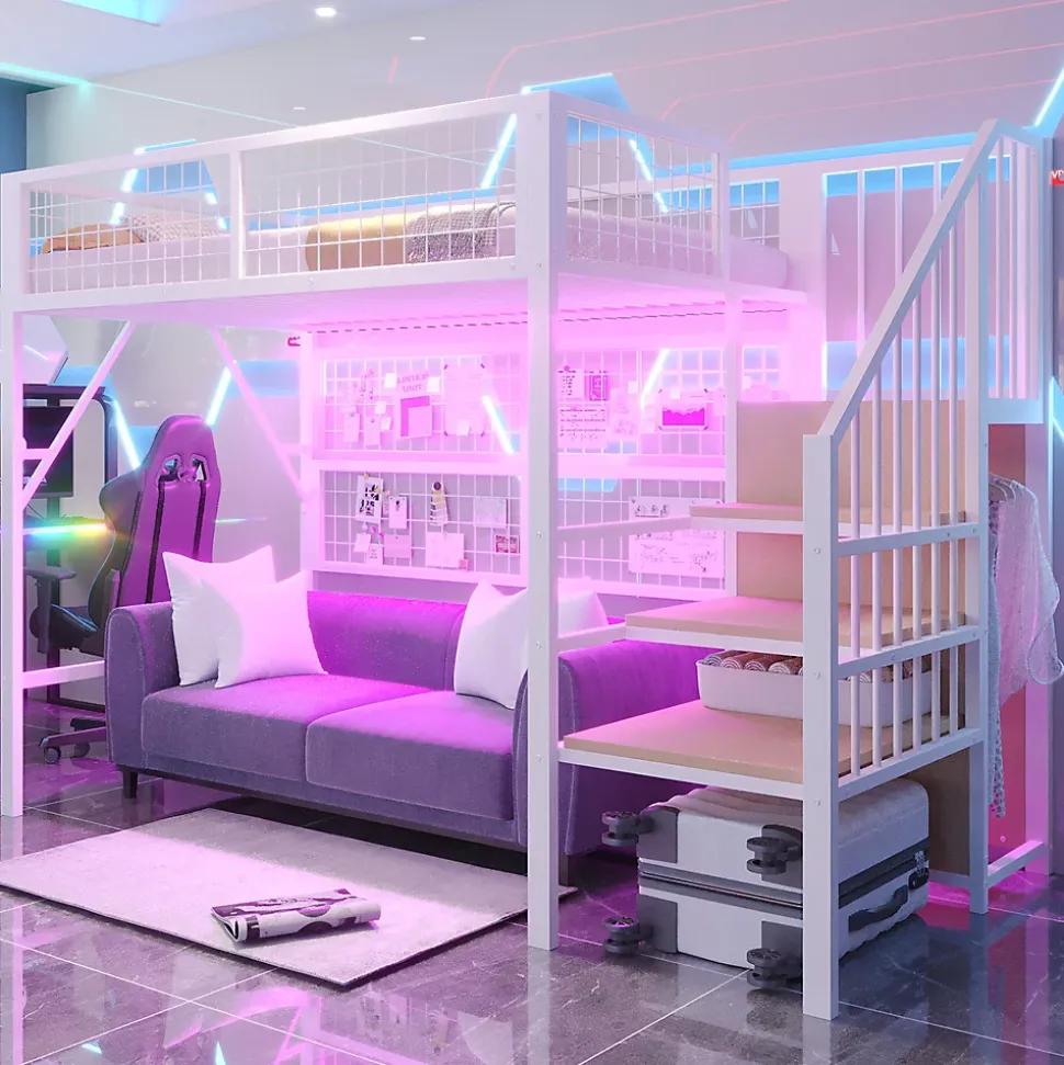 Lit mezzanine 90x200 cm - Lit simple déco avec éclairage LED et rangement sous lit - Armoire ouverte en MDF et métal - Blanc