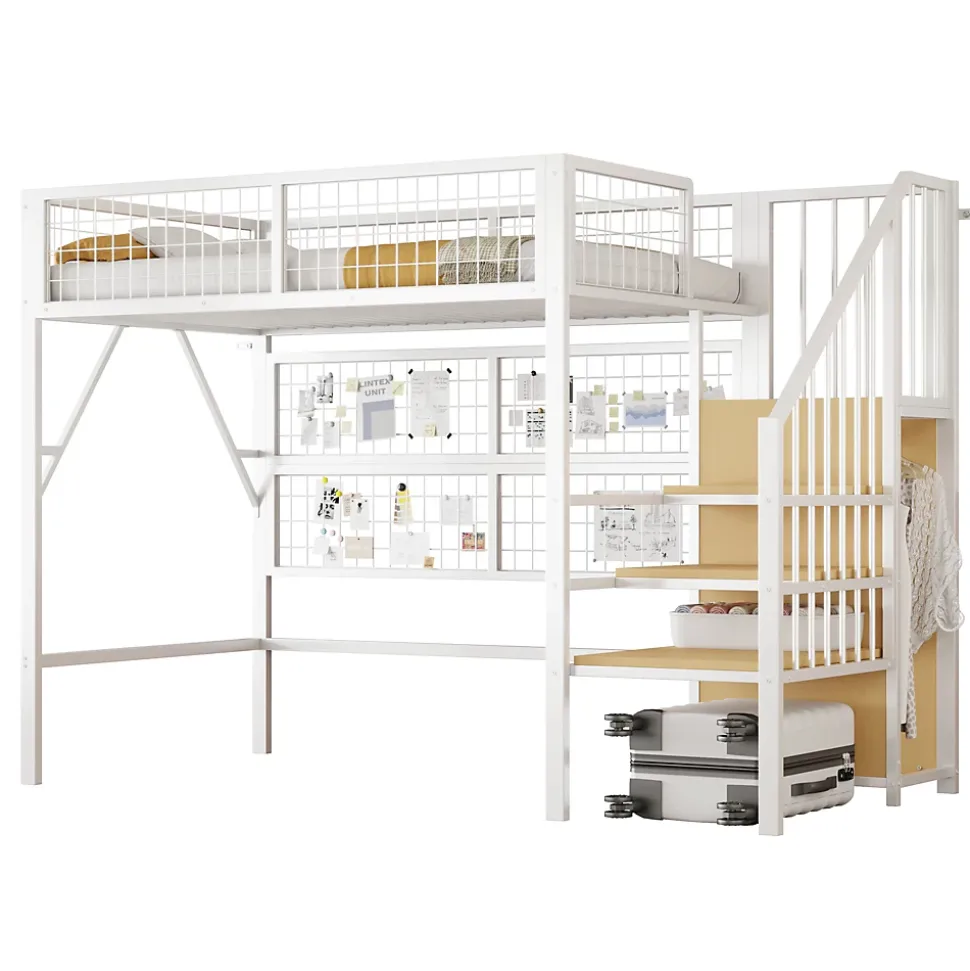 Lit mezzanine 90x200 cm - Lit simple déco avec éclairage LED et rangement sous lit - Armoire ouverte en MDF et métal - Blanc