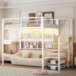 Lit mezzanine 90x200 cm - Lit simple déco avec éclairage LED et rangement sous lit - Armoire ouverte en MDF et métal - Blanc