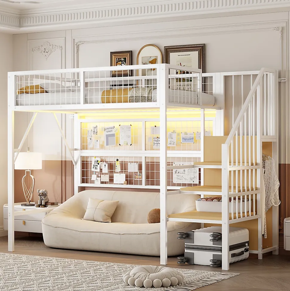 Lit mezzanine 90x200 cm - Lit simple déco avec éclairage LED et rangement sous lit - Armoire ouverte en MDF et métal - Blanc