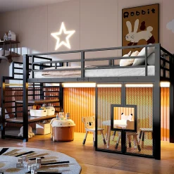 Lit Mezzanine 90x200 cm - Lit Simple avec Escalier de Rangement et LED Intégrée, sans Matelas - Métal Noir