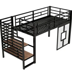 Lit Mezzanine 90x200 cm - Lit Simple avec Escalier de Rangement et LED Intégrée, sans Matelas - Métal Noir
