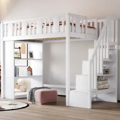 Lit mezzanine 90x200 cm - Lit simple avec rangements intégrés, échelle pratique et tiroirs fonctionnels - Pin et MDF - Blanc