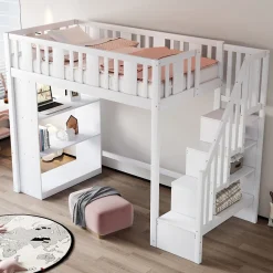 Lit mezzanine 90x200 cm - Lit simple avec rangements intégrés, échelle pratique et tiroirs fonctionnels - Pin et MDF - Blanc