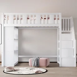 Lit mezzanine 90x200 cm - Lit simple avec rangements intégrés, échelle pratique et tiroirs fonctionnels - Pin et MDF - Blanc