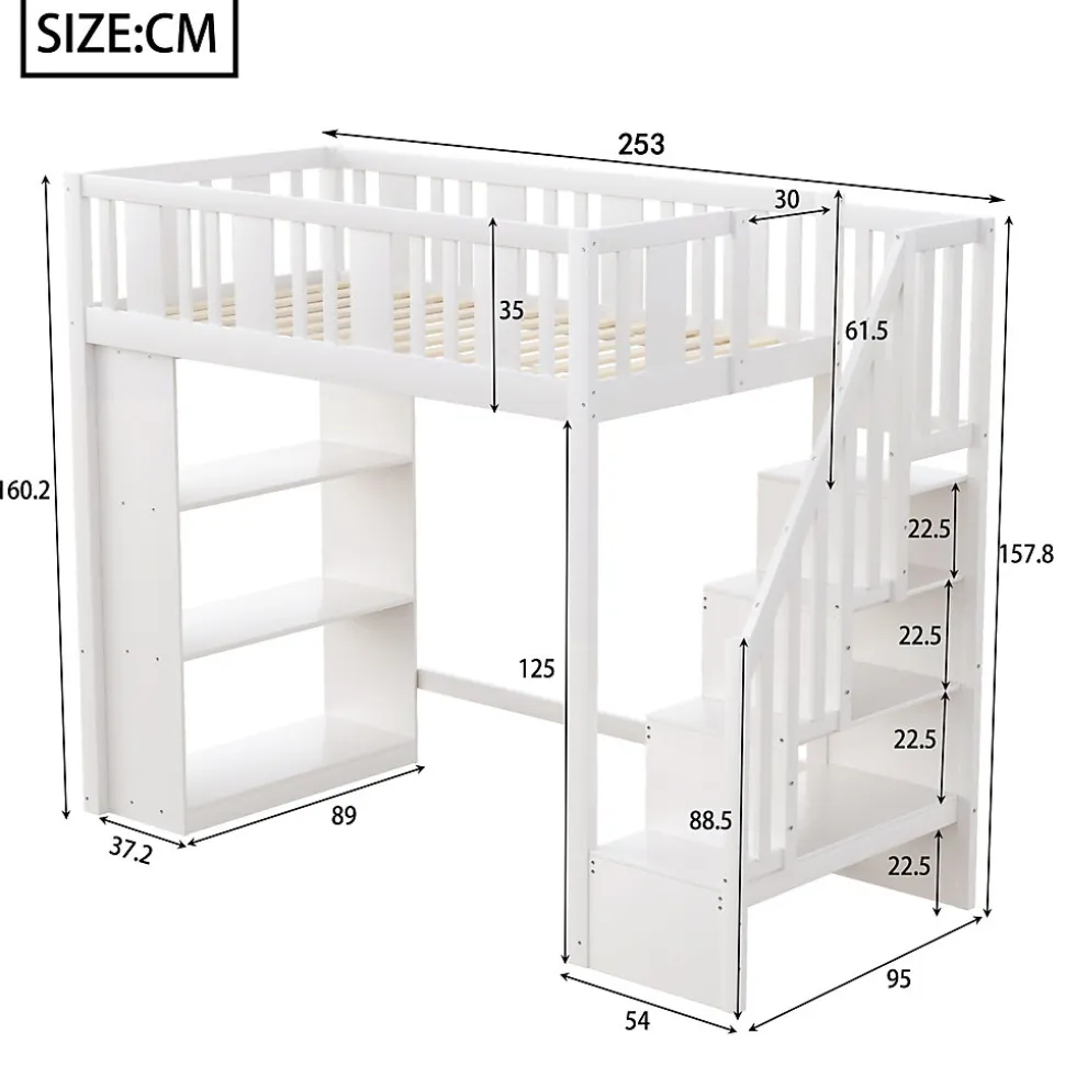 Lit mezzanine 90x200 cm - Lit simple avec rangements intégrés, échelle pratique et tiroirs fonctionnels - Pin et MDF - Blanc