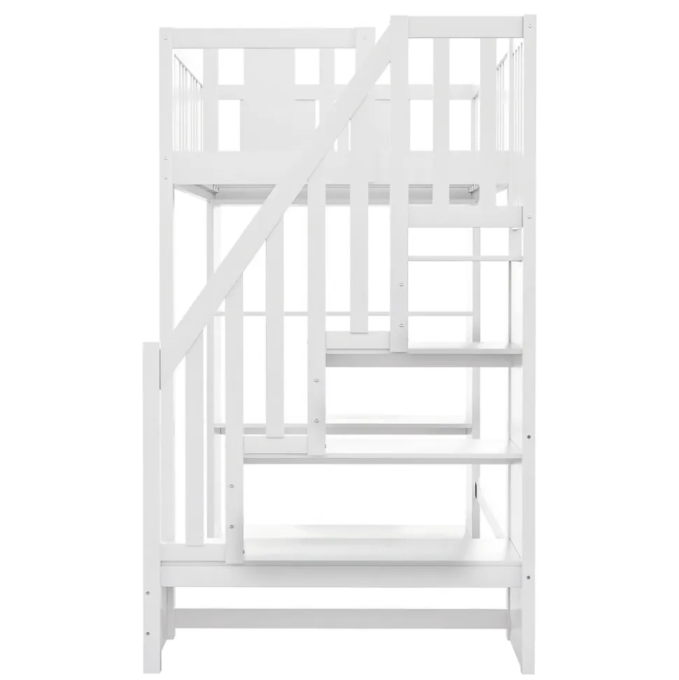 Lit mezzanine 90x200 cm - Lit simple avec rangements intégrés, échelle pratique et tiroirs fonctionnels - Pin et MDF - Blanc